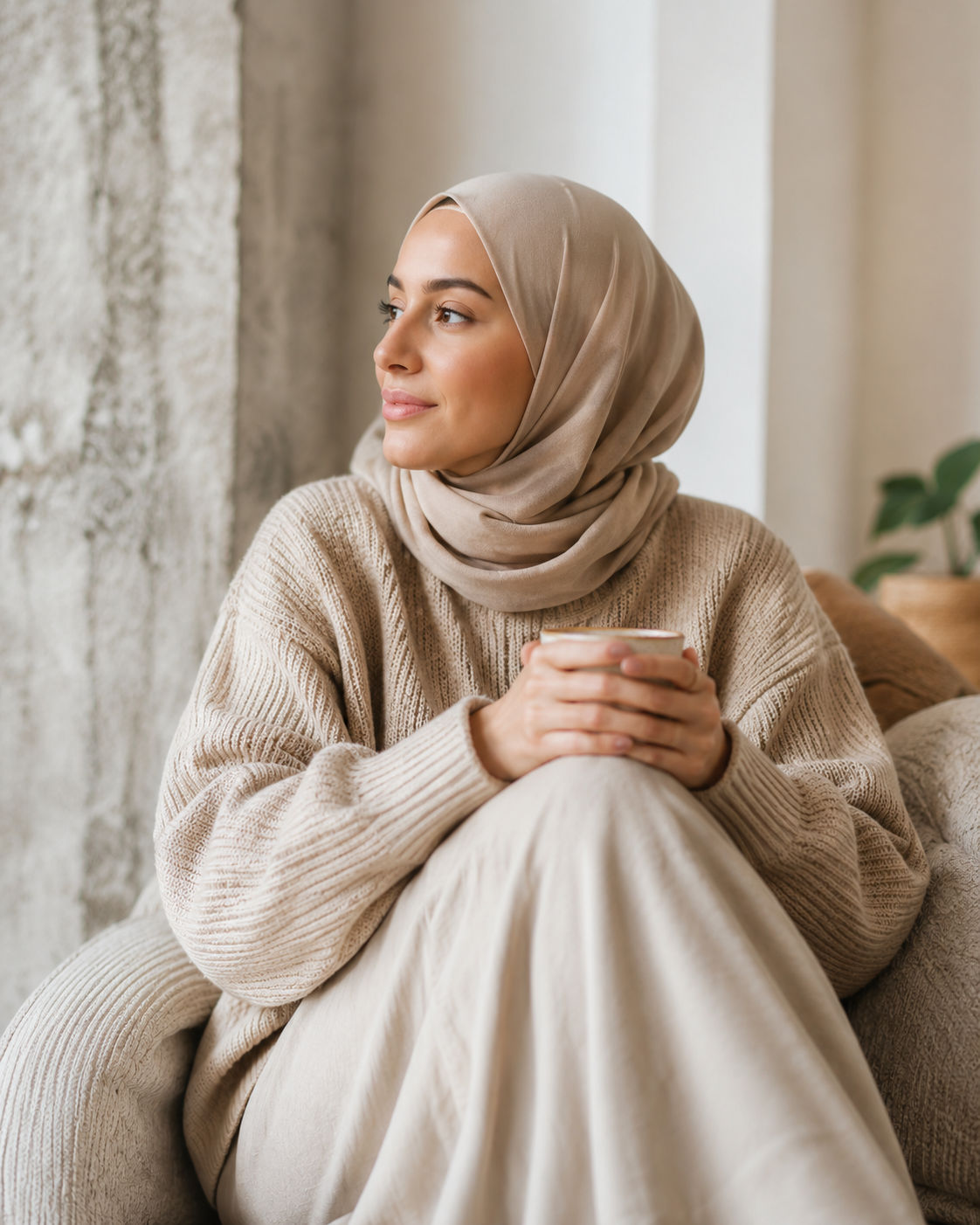 Vrouw met beige hoofddoek die rustig uit het raam kijkt, met een kopje thee in haar handen