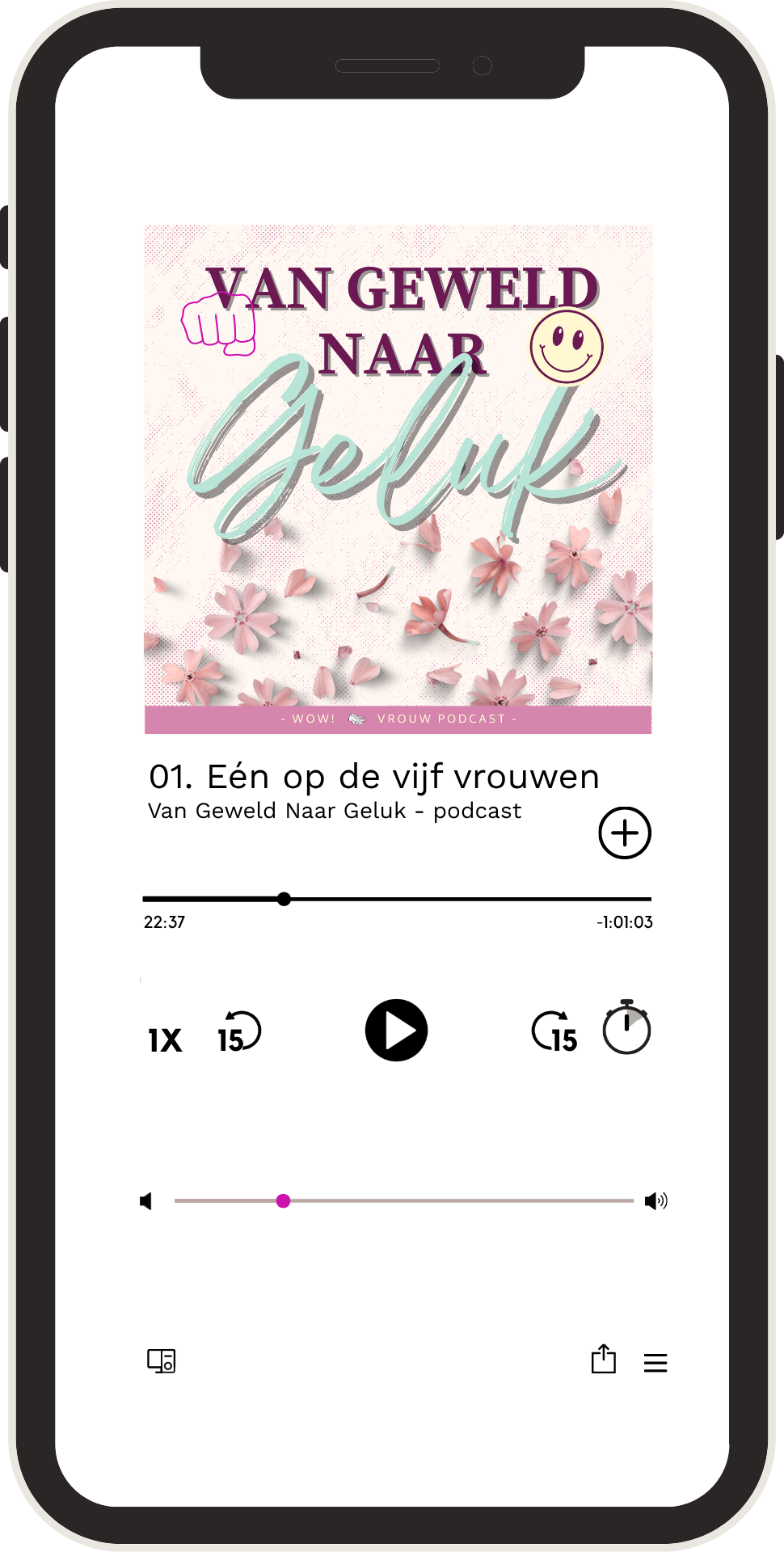 Telefoon met de podcast Van Geweld naar Geluk in een podcastspeler