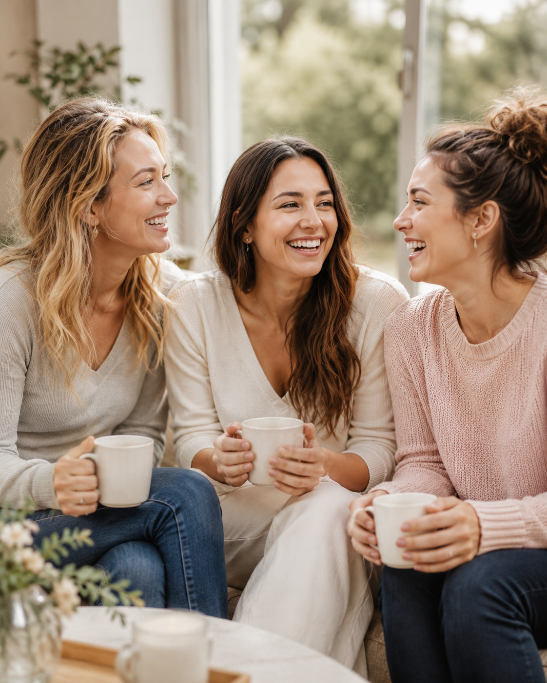 Drie vrouwen die samen lachen met een kop koffie op de bank