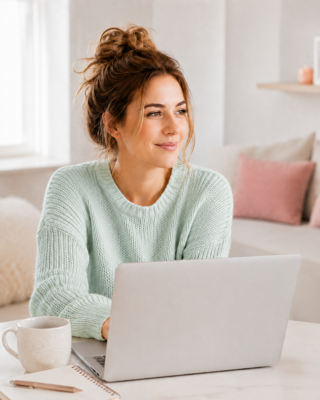 Vrouw in mintgroene trui achter een laptop